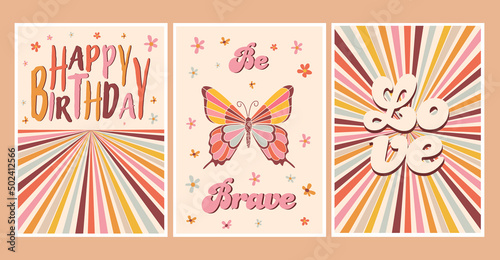 Retro groovy rainbow print with inspirational slogan and flowers for graphic tee t shirt or poster