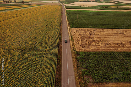 Aerial view of a car on road in the middle of a vast agricultural field photo