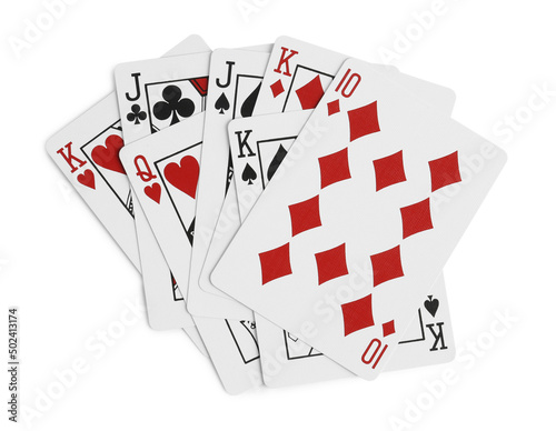 Playing cards on white background, top view
