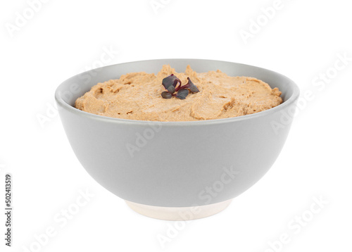 Bowl with delicious liver pate on white background