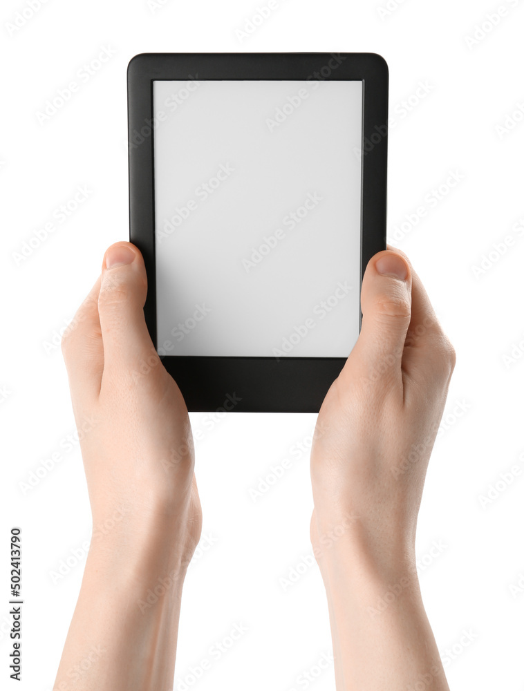 Woman using e-book reader on white background, closeup Woman using e-book reader on white background, closeup