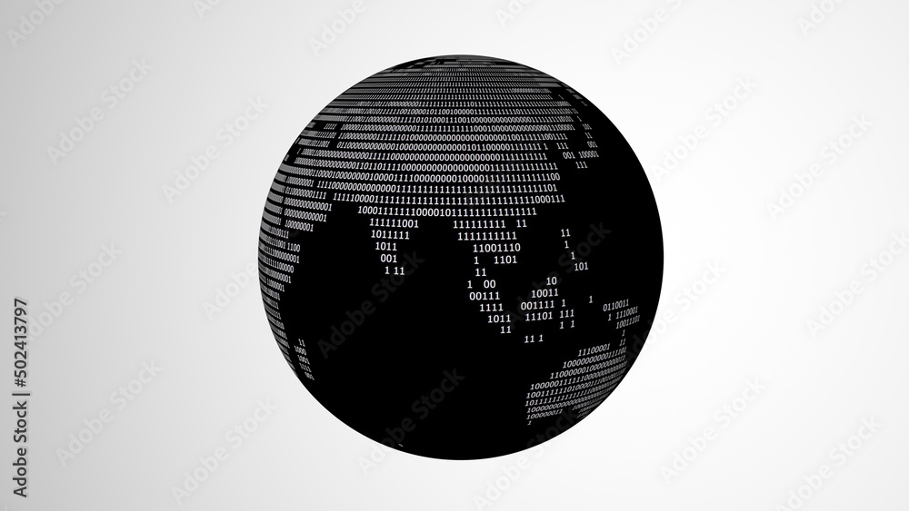 Black globe with binary code map rotating on a white background Stock ...