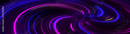 widescreen background with a tilted neon multicolored luminous spiral in the void 