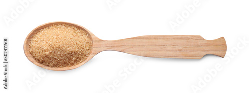 Brown sugar in wooden spoon isolated on white, top view
