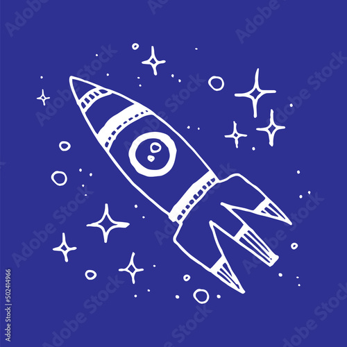 Spaceship doodle illustration in space on blue space