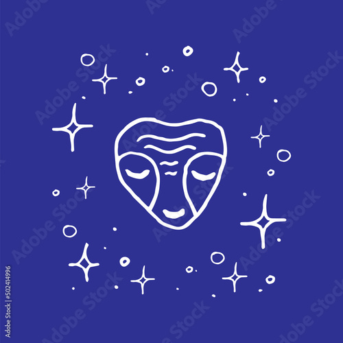 Alien head doodle illustration on blue space