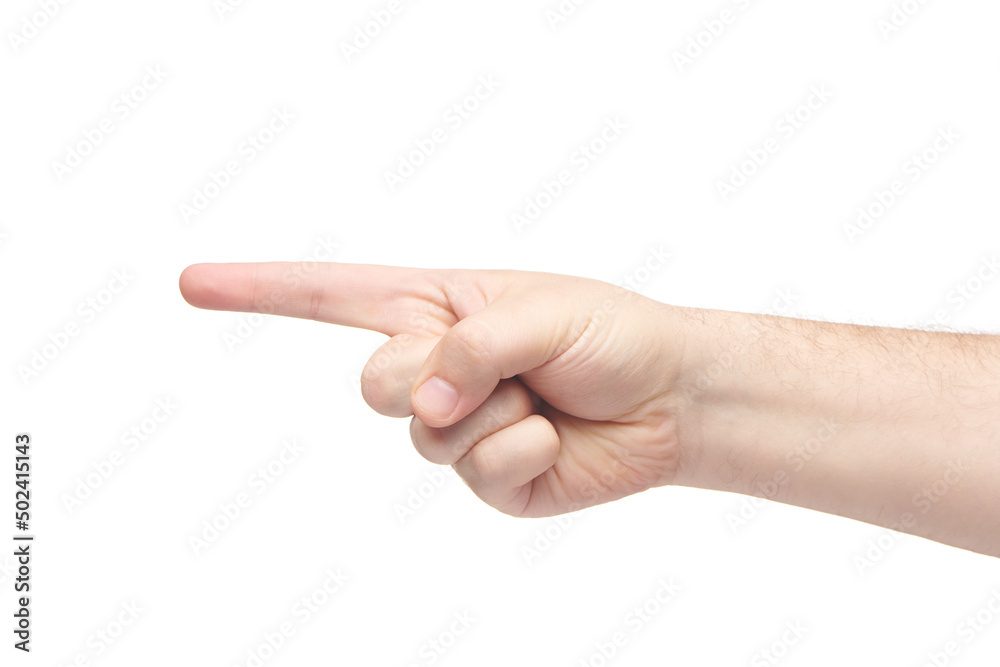 Male hand index finger isolated on white background. Brutal man finger pointing on object or direction. Finger gestures. Male hand index finger isolated on white background. Brutal man finger pointing on object or direction. Finger gestures.