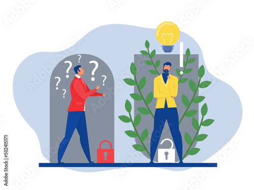 Two businessman different thinking between Fixed Mindset vs Growth Mindset success concept