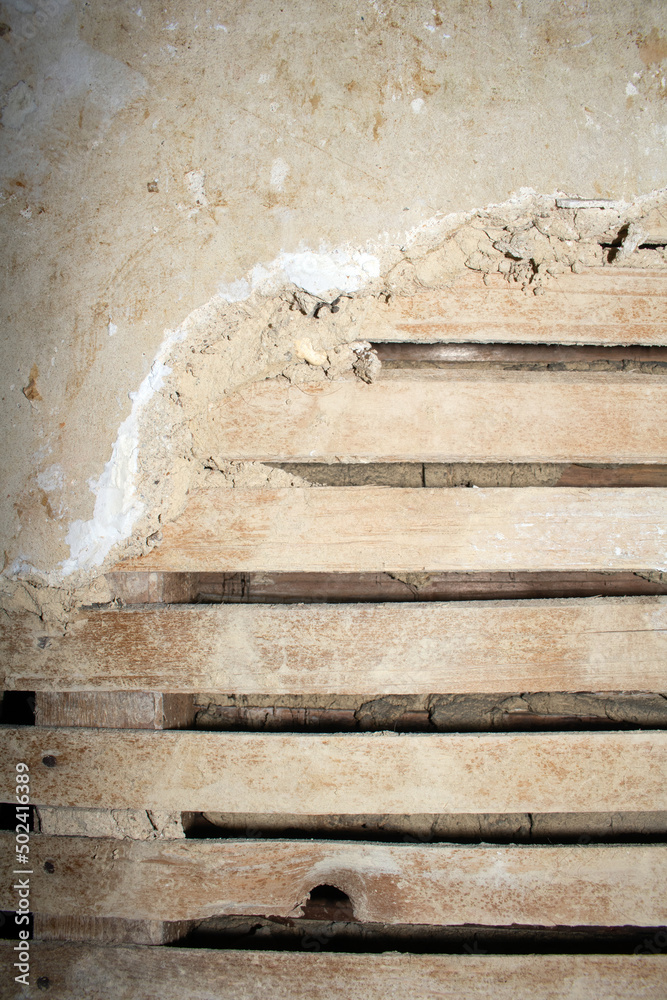 House Renovation Stripped Wall to see Wood Broken Tiles and Bare Walls House Renovation Stripped Wall to see Wood Broken Tiles and Bare Walls
