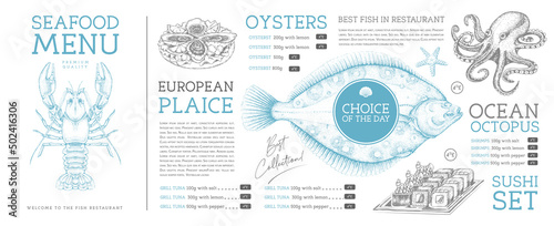 Seafood restaurant menu design with hand drawing fish. Vector illustration
