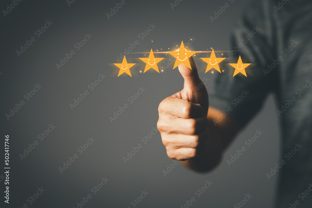 Customer satisfaction concept, business man thumbs up for five star ...