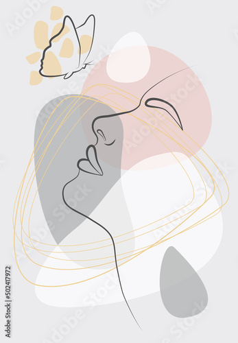 Abstract face with a butterfly. Fashionable print. Minimalist female beauty. Continuous line, drawing of established faces and hairstyles, fashion concept, minimalist female beauty. A modern portrait.