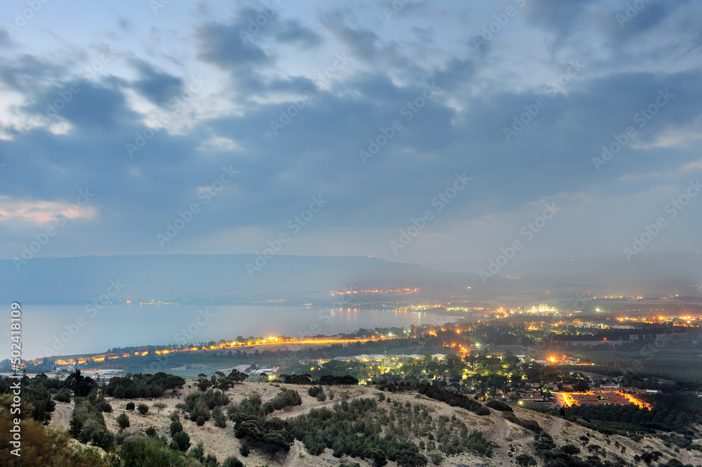 Sunrise on the Sea of Galilee in Israel, the view from the highest point