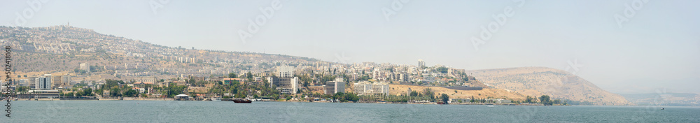 Panorama Tiberias, a city on the mountain slopes on the shore of Lake Kinneret