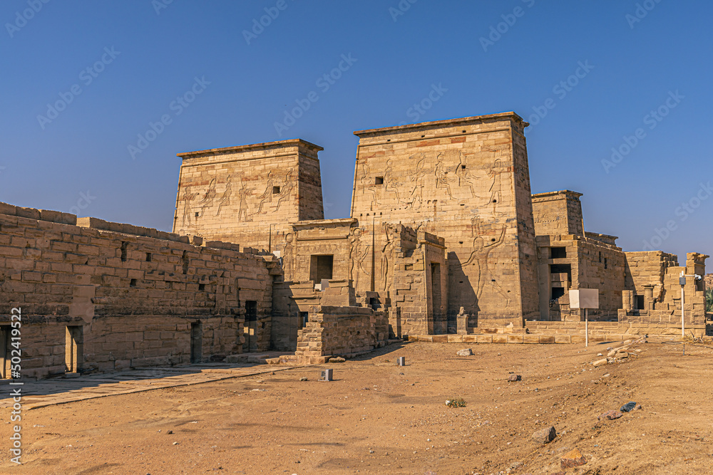 Aswan, Egypt - November 15, 2021: Ancient temple of Philae in the outskirts of the city of Aswan, Egypt Aswan, Egypt - November 15, 2021: Ancient temple of Philae in the outskirts of the city of Aswan, Egypt