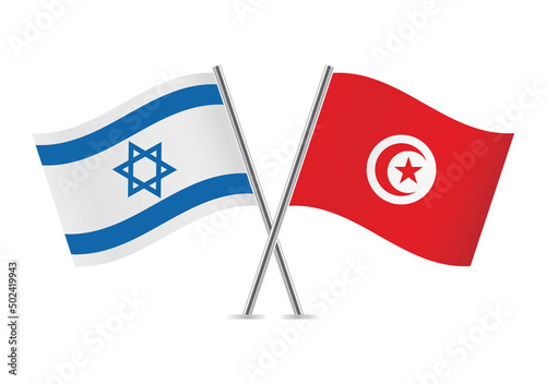 Israel and Tunisia crossed flags. Israeli and Tunisian flags on white background. Vector icon set. Vector illustration.