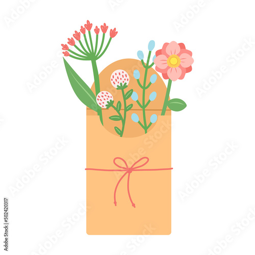 Flowers and leaf in envelope, vector illustration