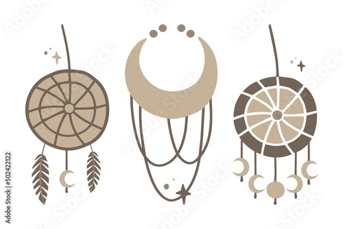 Boho elements set with feather and dreamcatcher.