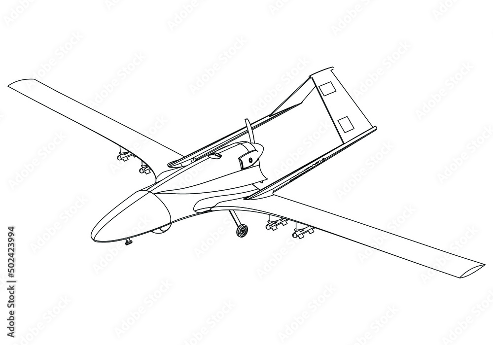 Military drone isolated on white background. Vector Military machine. Bayraktar TB2 silhouette. Military drone isolated on white background. Vector Military machine. Bayraktar TB2 silhouette.