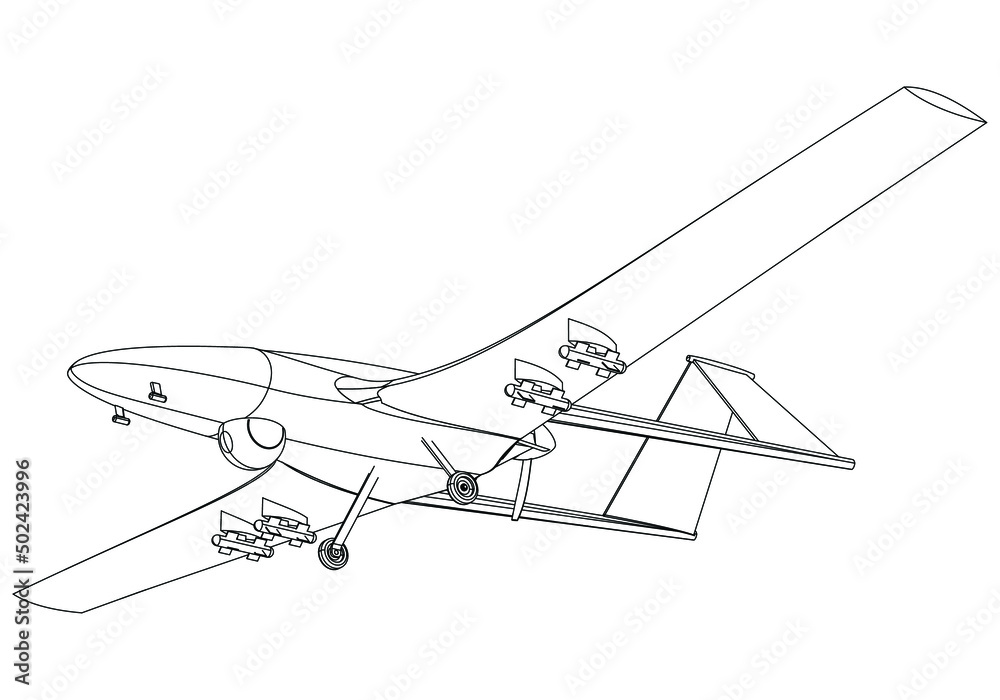 Military drone isolated on white background. Vector Military machine. Bayraktar TB2 silhouette. Military drone isolated on white background. Vector Military machine. Bayraktar TB2 silhouette.