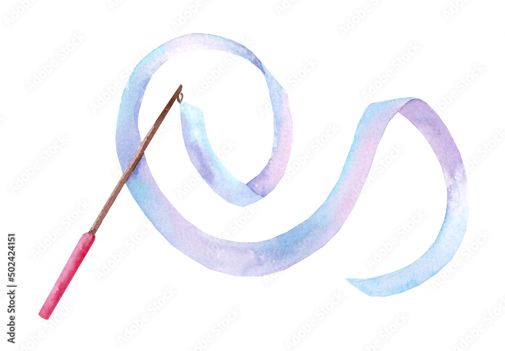 Artistic gymnastic ribbon wand with a twisting baton for dance performance or decoration. Colored pen and ribbon for gymnastics. Funny exercise toy. Watercolor illustration. Artistic gymnastic ribbon wand with a twisting baton for dance performance or decoration. Colored pen and ribbon for gymnastics. Funny exercise toy. Watercolor illustration.