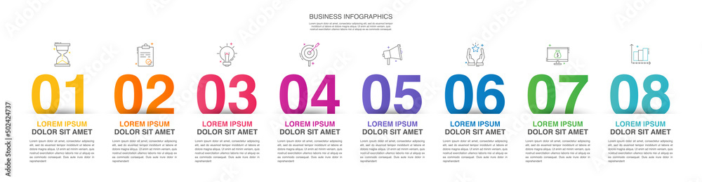 Modern vector flat illustration. Infographic numbers template with eight elements, icons. Timeline designed for business, presentations, web design, interface, diagrams with 8 steps Modern vector flat illustration. Infographic numbers template with eight elements, icons. Timeline designed for business, presentations, web design, interface, diagrams with 8 steps