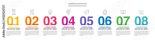 Modern vector flat illustration. Infographic numbers template with eight elements, icons. Timeline designed for business, presentations, web design, interface, diagrams with 8 steps