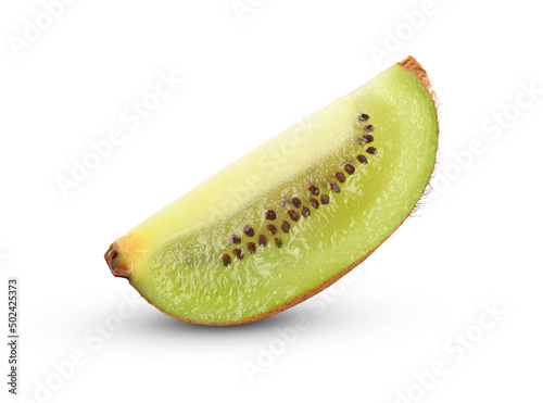 Slice of kiwi fruit on white background.