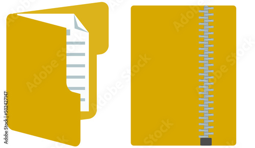Vector illustration of two folders, one closed with zip and the other one  open