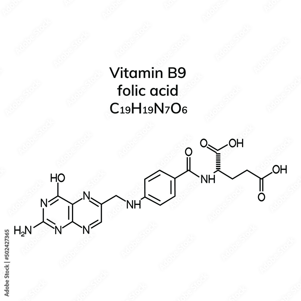 Structural formula of vitamin B9 on a white background
Structural formula of vitamin B9 on a white background