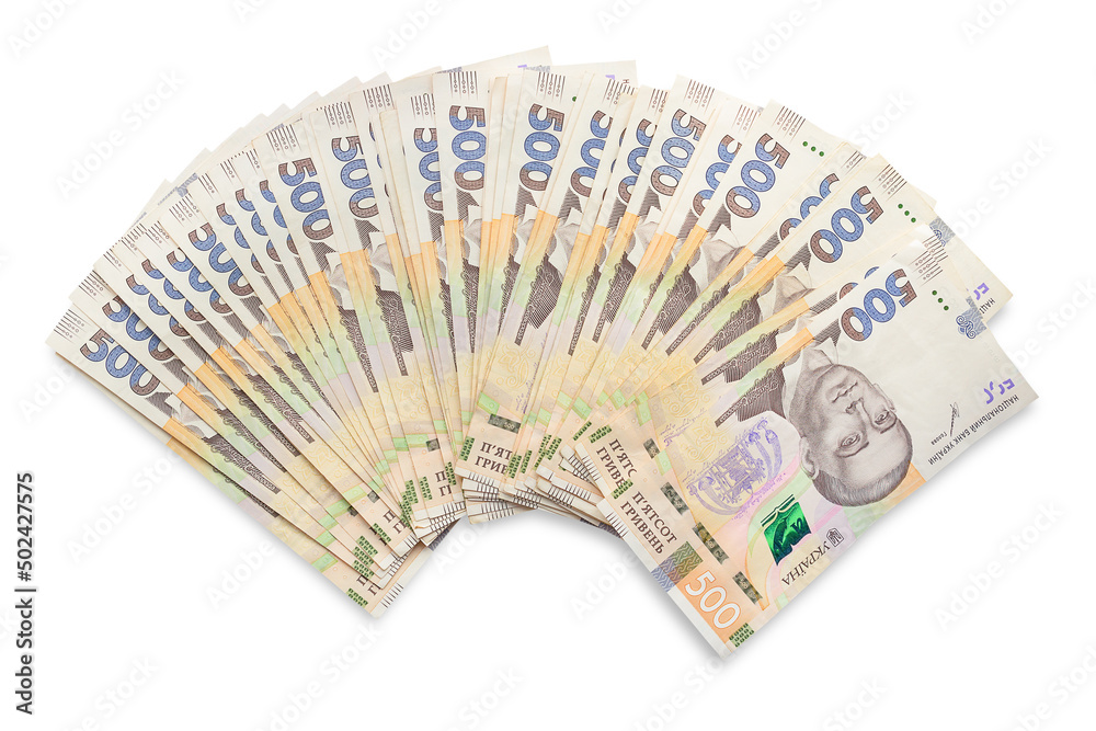 five hundred hryvnia fanned out on a white background