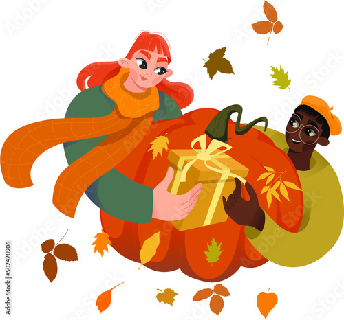 Vector design of an adorable interracial couple holding a huge pumpkin and a gift box
