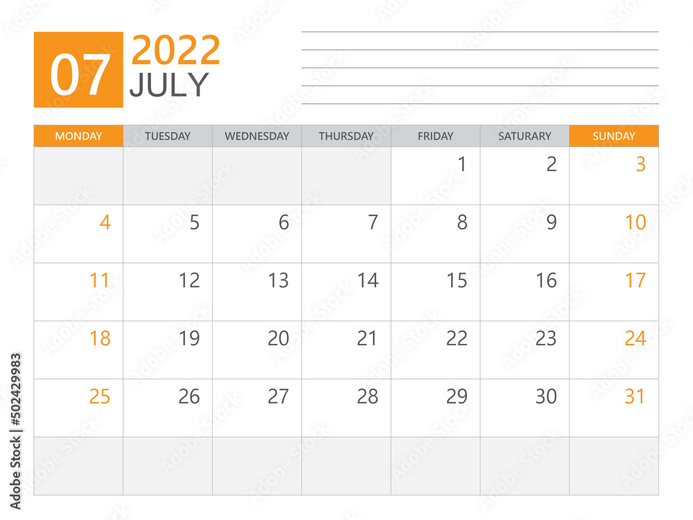 July 2022 template, Calendar planner 2022, week start on Monday, Desk