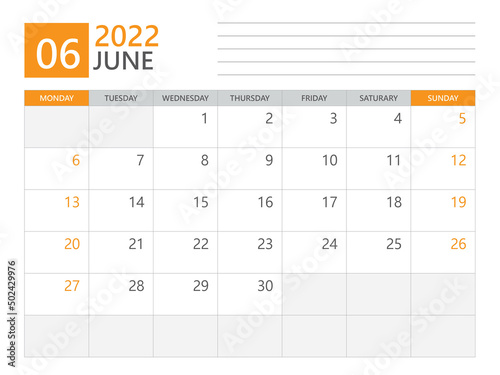 June 2022 template, Calendar planner 2022, week start on Monday,  Desk calendar 2022 year, simple and clean design, Wall calendar design, Corporate design planner template, print media vector
