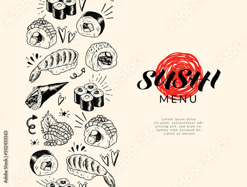 Beautiful hand drawn sushi seamless pattern, sketch design, doodle elements, great for textiles, banners, wallpapers, menus, background - vector design