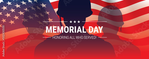 Memorial day cinematic vector background design, with soldier shadows and waving USA flag. Patriotic American army banner with Honoring All Who Served message.
