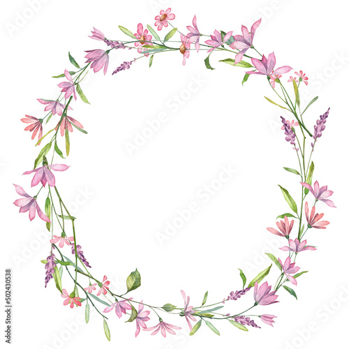 Round floral frame with soft pink wild flowers. Greeting card template with copy space. Watercolor hand painted florals