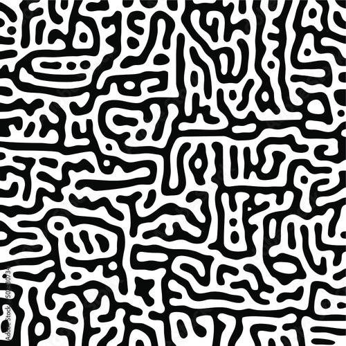 Vector illustration of a black-and-white turing pattern with chaotic curved elements