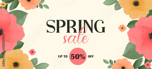 Spring sale with watercolor flowers. Spring banner
