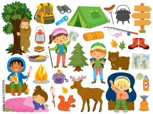 Camping clipart set. Summer camp items with kids  camping gear and animals.