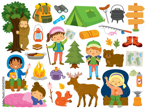 Camping clipart set. Summer camp items with kids, camping gear and animals.
