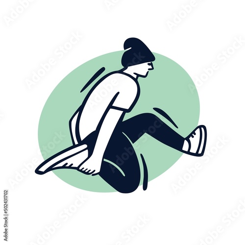 Break dancer performing stunts. B-boy jumping. Street dance move. Black and white character on green circle background. Sketch style vector design illustrations.