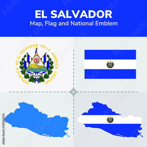 Vector illustration of anational emblem, flag, map, and map with flag design of El Salvador