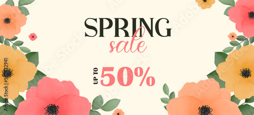 Spring sale with watercolor flowers. Spring banner