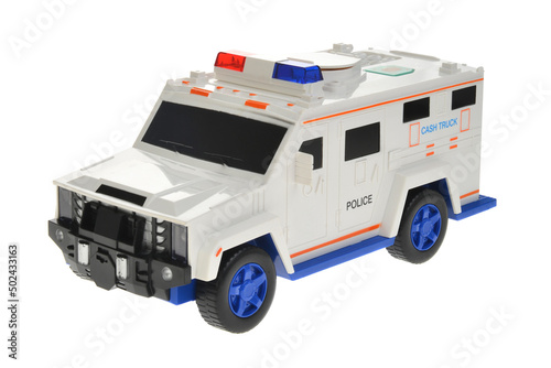 Toy police car, isolated on white background
