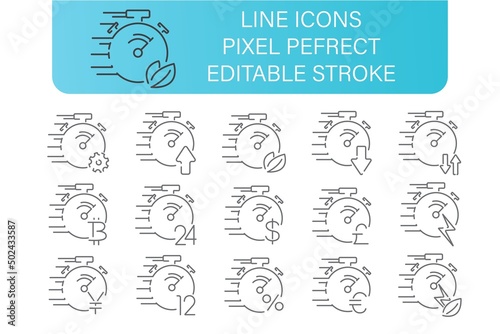 stopwatch tine line icons set, with diferend little icons, editable stroke. pixel perfect