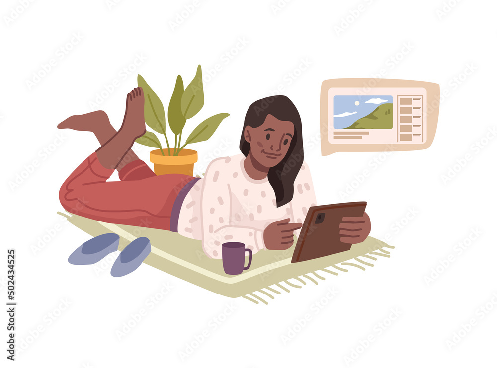 Fototapeta premium Female personage kid watching videos on smartphone or tablet. Vector flat cartoon character looking at travel landscape exploring world online in web. Modern technologies and gadgets
