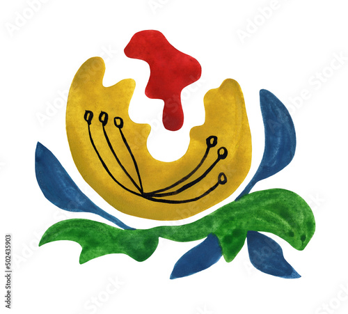 Decorative flower in the style of Ukrainian applied art of the early 20th century. Avant-garde painting with mixed colors. Isolated picture on a white background.
