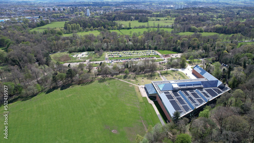 Aerial image of the newly refurbished building holding the Burrell Collection. A large collection of art and antiques.