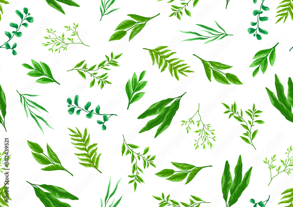 Seamless pattern with branches and green leaves. Spring or summer stylized foliage. Seamless pattern with branches and green leaves. Spring or summer stylized foliage.